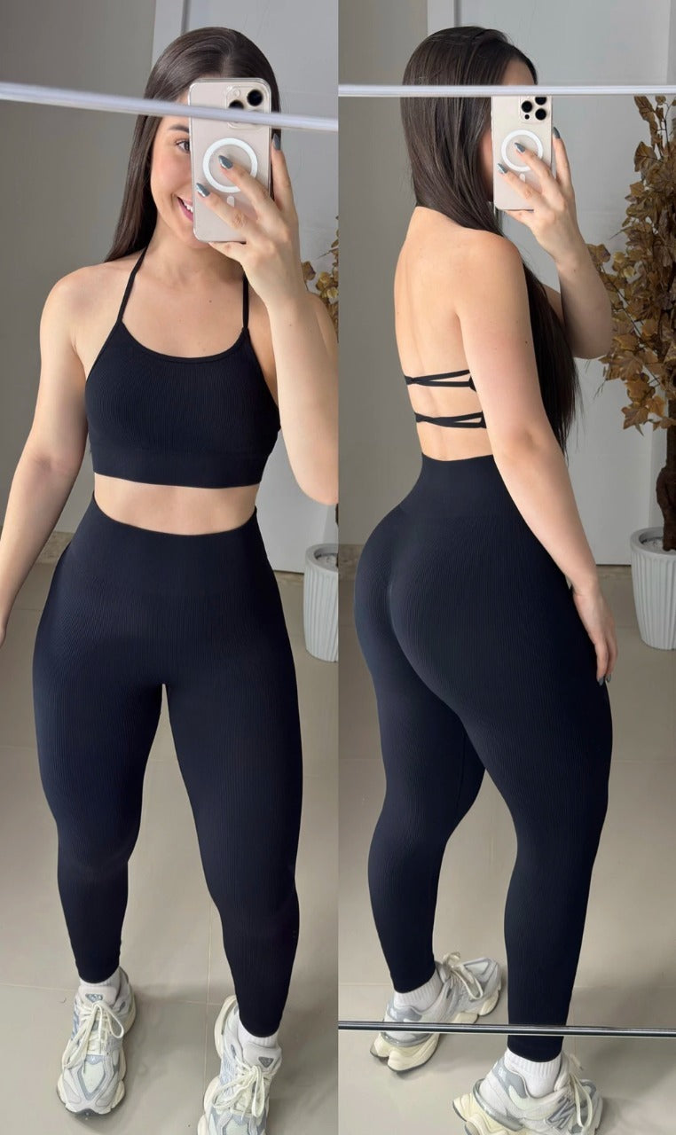 Conjunto de legging sem costura canelado power